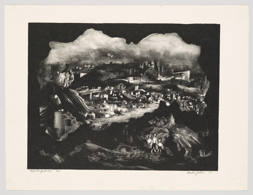 A black and white print depicting an industrial landscape with factories and smokestacks under a large cloud of smoke. In the foreground, there are figures and rubble, suggesting a scene of post-industrial decay or destruction. The image has a dark, moody atmosphere and is signed by the artist in the lower corners.