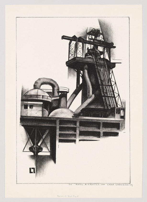 A black and white lithograph depicting an industrial scene with a complex structure of a steel plant, featuring staircases, platforms, and cylindrical tanks, with the title "Corner of Steel Plant" and a dedication "to Carl Zigrosser" by the artist Louis Lozowick dated 1937.