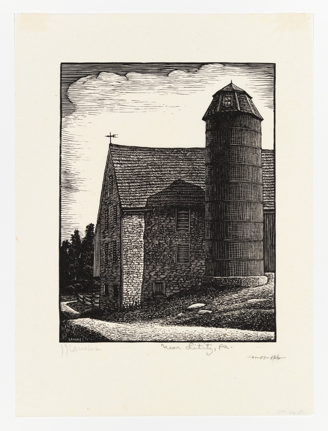 A black and white etching depicting a traditional stone building with a steeply pitched roof next to a tall, narrow wooden tower with a hexagonal top. The scene is set against a backdrop of a cloudy sky, and there is a path leading past the building. Handwritten text at the bottom suggests the location as near Lititz, Pennsylvania, and includes a signature and date.