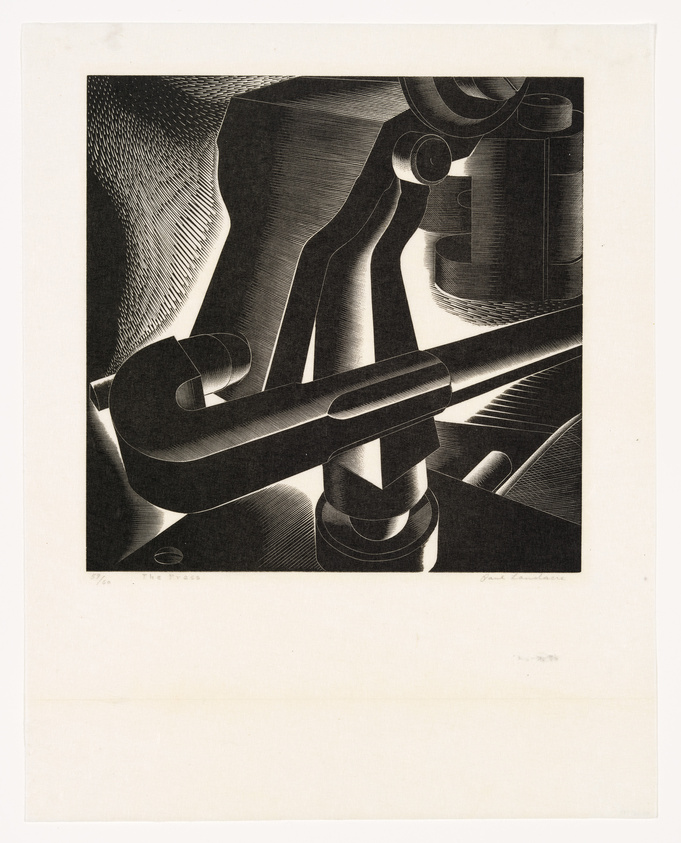 A black and white abstract print featuring a series of interlocking shapes and mechanical elements that create an illusion of depth and texture. The image is signed by the artist at the bottom right and has a title or edition number at the bottom left.