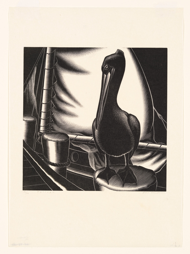 A black and white illustration depicting a pelican standing on a pier with nautical elements, including a mast and sail in the background. The artwork is detailed with strong contrasts and textures, and there is a signature at the bottom right corner.