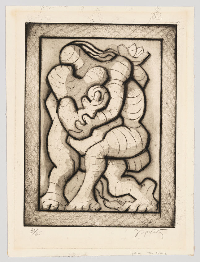 A black and white lithograph titled "The Family" by an artist with the last name Lipchitz, depicting an abstract, cubist-style representation of intertwined human figures. The artwork is numbered 6/65 and signed by the artist in the lower margin, framed by a textured border and mounted on a cream-colored paper.