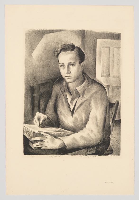 Pencil sketch of a young man writing in a book, with a contemplative expression, seated at a table.