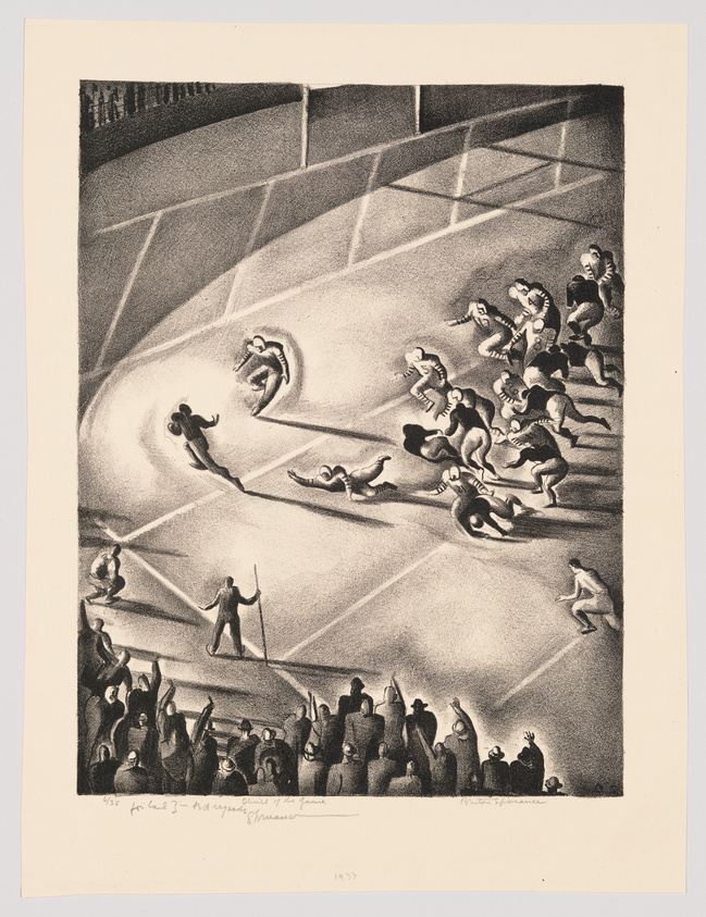 Stylized black and white illustration of a dynamic indoor track race with spectators cheering from the sidelines.