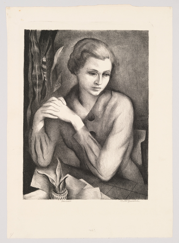 Pensive woman with folded arms in a black and white lithograph.