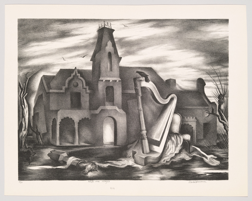 Surreal black and white artwork depicting a crumbling church, a large harp, and a fallen figure under a cloudy sky.