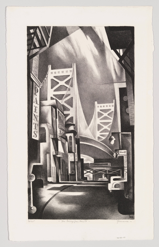 Black and white lithograph depicting a stylized urban scene with strong light and shadow contrasts, featuring a bridge in the background and buildings with the word "PAINTS" on the side, street lamps, and a curved road in the foreground. There is a signature and edition number at the bottom.