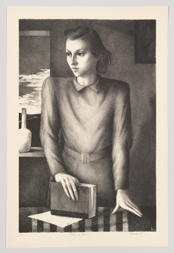 Black and white sketch of a contemplative woman seated with a book on a checkered table, vase and seascape in the background.