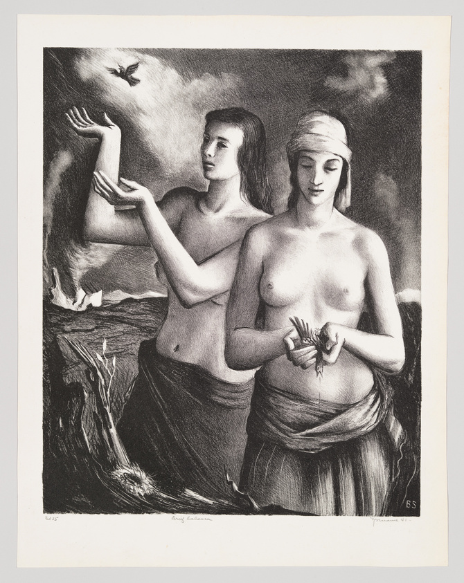 Black and white etching of two figures, one gesturing skyward, the other holding birds, with a dark, cloudy backdrop.