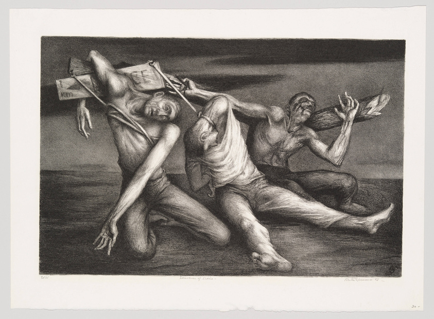 A black and white lithograph depicting two muscular figures in a dynamic and dramatic pose. The figure on the left appears to be falling backward while holding a broken sign post, and the figure on the right is leaning forward aggressively, holding a shovel. Both figures exhibit intense expressions and are set against a stark, flat background. The artwork is signed and numbered by the artist.