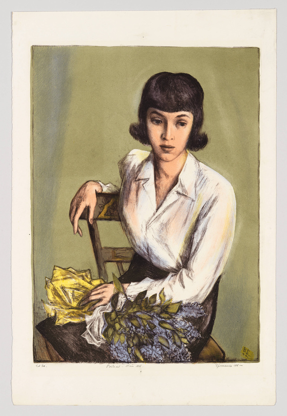 A vintage colored print of a young woman with short dark hair, wearing a white blouse, seated with her left arm resting on a wooden chair and her right hand on her lap, holding a bunch of blue grapes. The background is olive green, and there is text at the bottom indicating the title and artist's signature.