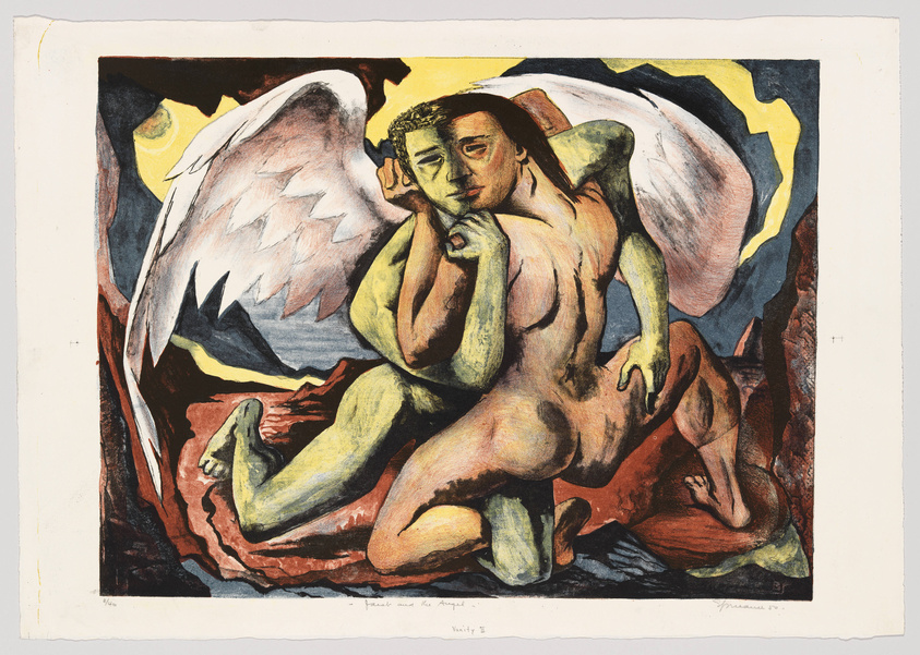 A colorful expressionist painting depicting a winged figure resembling an angel sitting on rocky terrain with a contemplative expression. The figure has yellowish skin and is partially draped in red, with large white wings against a backdrop of swirling yellow and black shapes, suggesting a tumultuous sky. The artwork has a raw, emotive quality, with bold outlines and a dynamic composition.