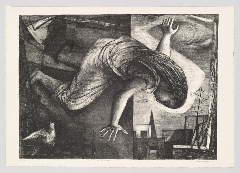 A black and white etching depicting a surreal scene with a large, distorted figure of a person tumbling through a confined, abstract space. The figure's arms are outstretched, and its head is tucked, giving a sense of motion. In the background, there are simplified forms of buildings and a pigeon in the foreground, adding to the urban atmosphere. The artwork is signed and numbered by the artist.