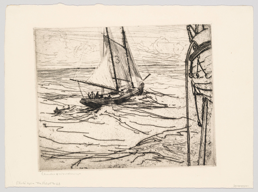 A black and white etching depicting a sailboat with several figures on board, sailing on a textured sea with waves. The boat is detailed with a large sail and is positioned near the center-left of the image. To the right, part of a nautical structure, possibly a pier or another boat, is visible with ropes and wooden planks. The sky is lightly sketched with clouds, and the artwork includes handwritten signatures and numbers at the bottom.