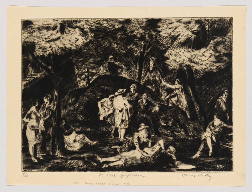 This is an etching depicting a lively outdoor scene with multiple figures in a wooded area. The artwork features a variety of people in early 20th-century attire engaged in different activities such as sitting, standing, and conversing. The trees provide a dappled shade over the figures, creating a play of light and dark across the composition. The image has handwritten text at the bottom, indicating the title, edition number, and artist's signature.