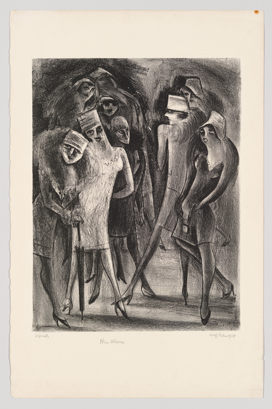 A black and white lithograph by Nina Negri depicting a group of stylized figures with elongated forms and obscured faces, some holding newspapers, in a dark, indistinct setting. The artwork has a dreamlike, surreal quality, with a signature and edition number at the bottom.