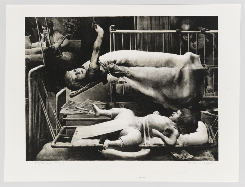 A black and white print depicting a surreal scene with a large, upside-down horse suspended above a man lying on a bed. In the background, a figure holds a bow and arrow, aiming at the horse, while another figure peers through the bars of a stable. The artwork has a dreamlike, chaotic quality, with various objects scattered around, including a book on the floor. The artists' names are handwritten at the bottom of the print.