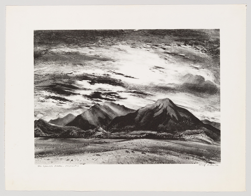 A black and white etching depicting a dramatic landscape with rugged mountains under a swirling, textured sky. The foreground shows a lightly detailed plain leading up to the dark, shaded mountain peaks. Handwritten text at the bottom left corner appears to be the title or description of the piece, and there's a signature at the bottom right. The paper has rough edges, suggesting it may be a print or a plate impression.