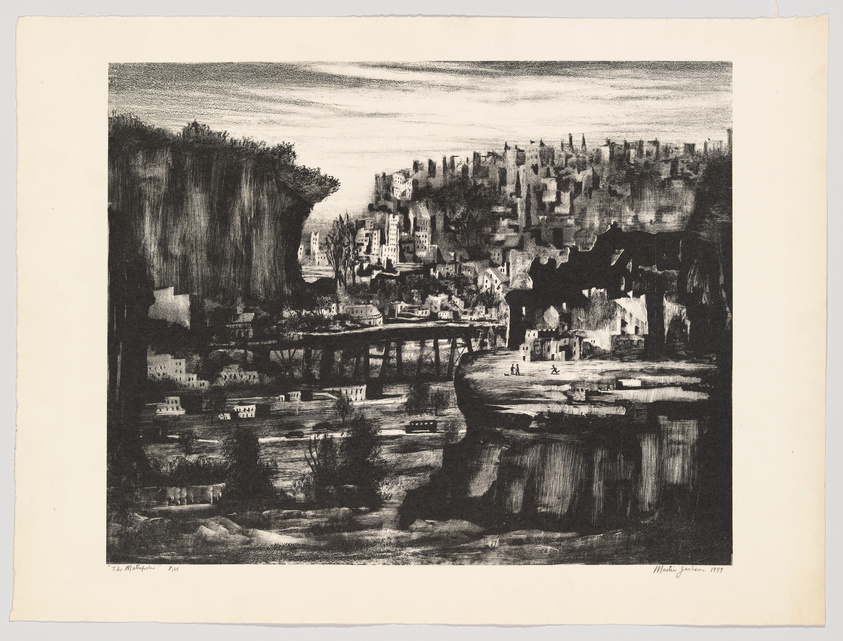 Black and white etching of a cliffside cityscape with buildings, a bridge, and water reflections, signed and dated 1931.