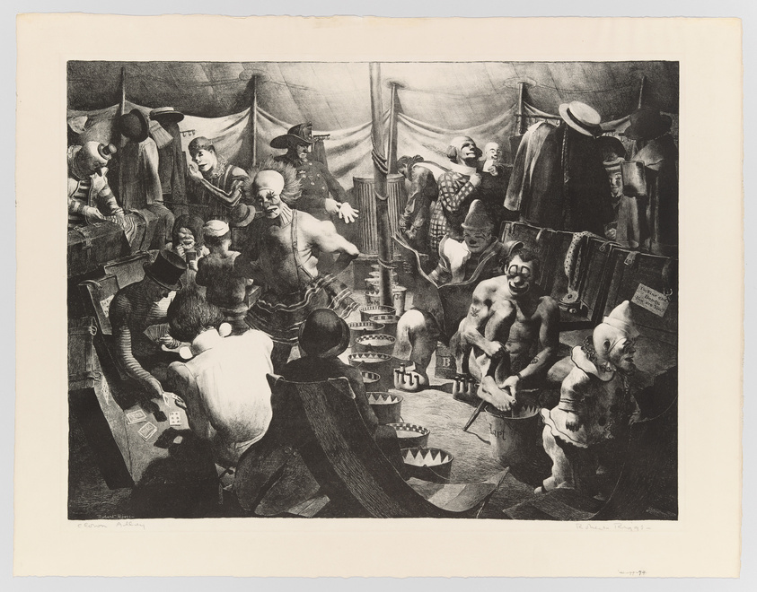 A black and white etching depicting a crowded and chaotic scene with various grotesque and exaggerated characters, possibly at a carnival or circus. Some figures are engaged in a dice game, while others converse or perform. The atmosphere is lively and somewhat unsettling, with a mix of human and humanoid figures in a tent-like setting filled with draped fabrics and eclectic attire.