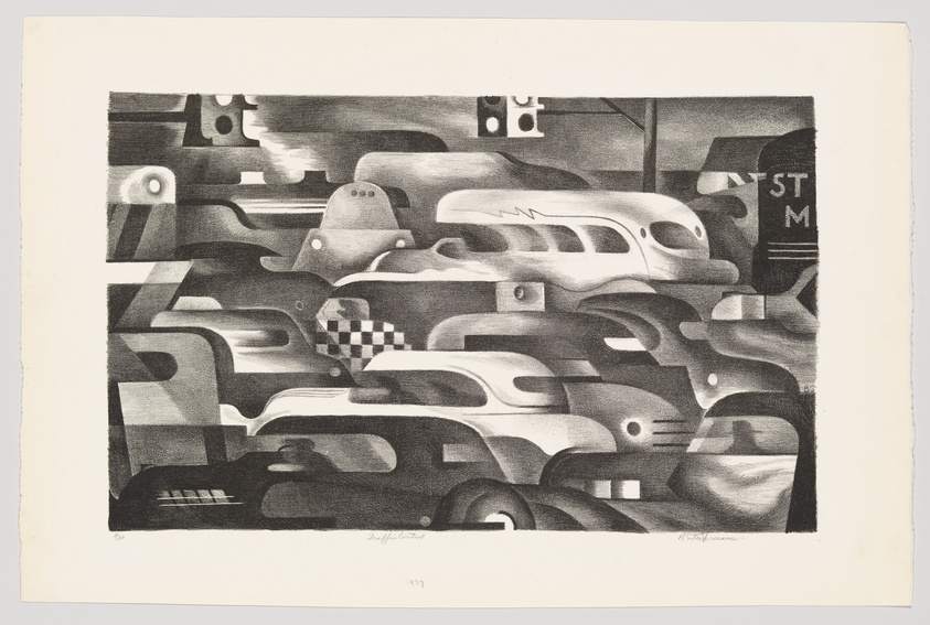 Abstract monochrome lithograph featuring stylized, interconnected forms resembling cars and urban elements.