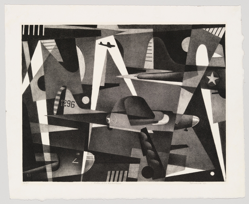 Monochrome abstract print with geometric shapes, including a propeller plane and fragmented numbers.
