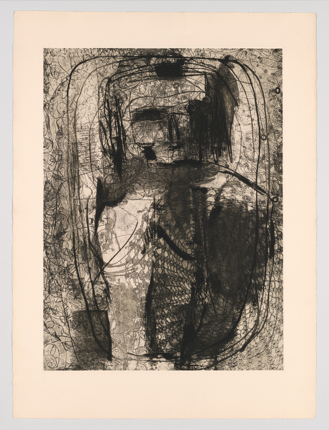 An abstract black and white etching with intricate patterns and bold, dark strokes that suggest a vague, humanoid form on a cream-colored paper.