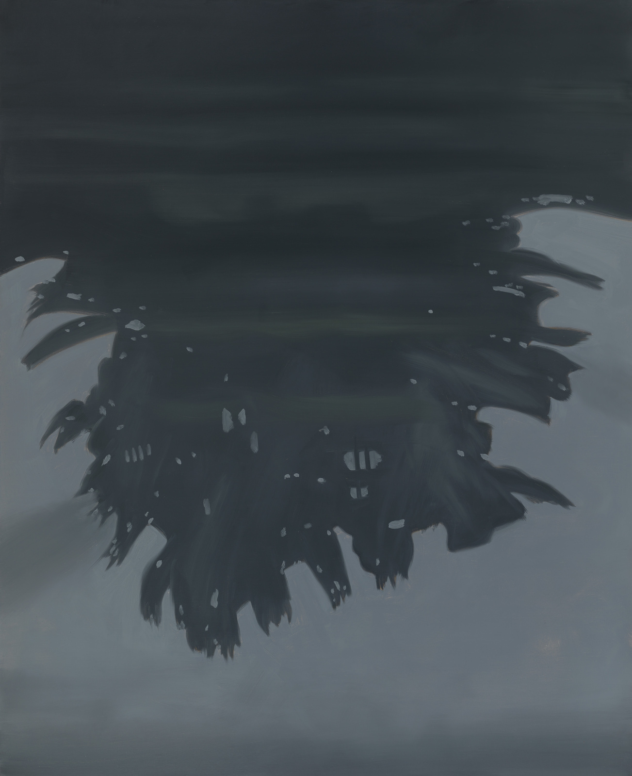 A digital painting depicting an abstract dark shape resembling a smudge or blot against a gradient background that transitions from dark at the top to light at the bottom. The shape has irregular edges with some lighter spots and streaks, giving it a dynamic and textured appearance.
