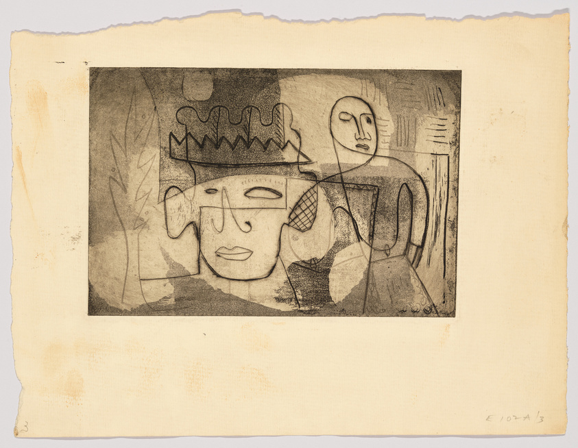 An aged paper with a print showing abstract figures, one with a crown-like headpiece and another with a netted pattern on the body. The artwork has a sketch-like quality with visible lines and shading, creating a sense of depth and texture.