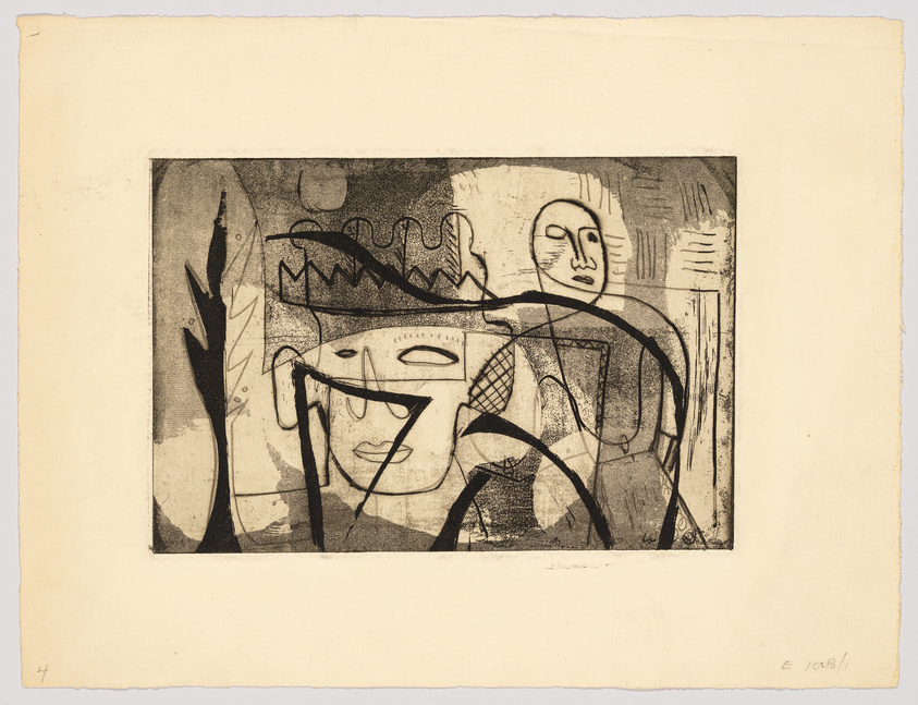 An abstract black and white etching featuring stylized faces and shapes with a mix of sharp and curved lines, displayed on a cream-colored paper with a signature and edition number on the bottom right.