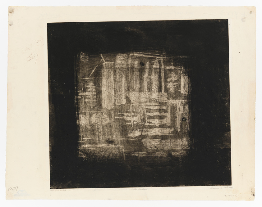 An etching with abstract and geometric shapes, predominantly in black ink on a cream-colored paper. The image has a dark, textured background with lighter etched lines and shapes that create a sense of depth and movement. The paper shows signs of age with some discoloration and markings around the edges. There are handwritten inscriptions along the bottom edge of the paper.