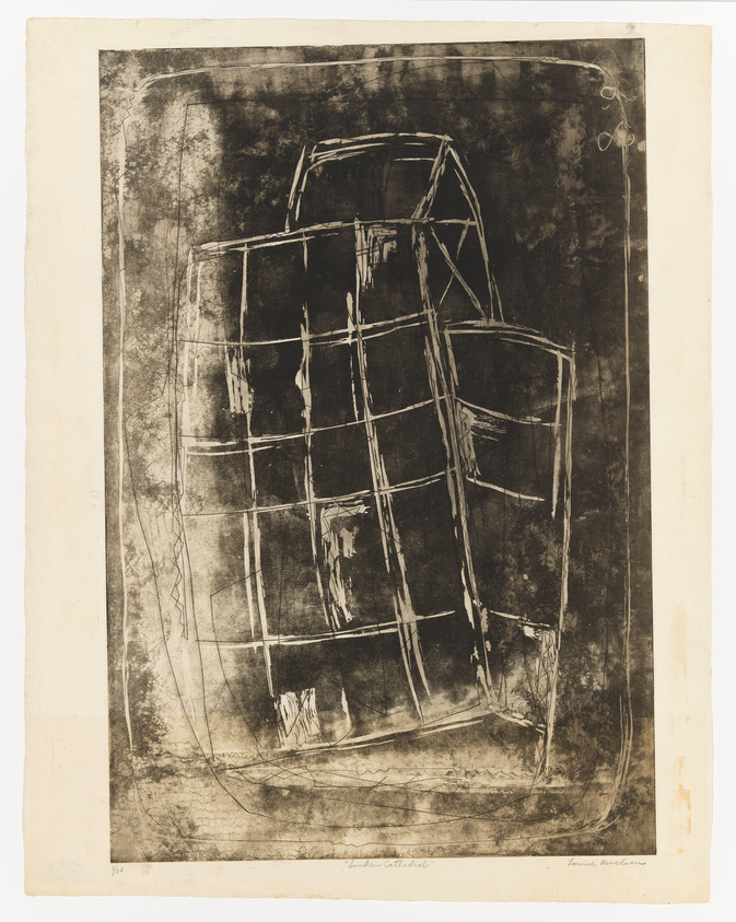 An abstract etching depicting a roughly sketched cubic structure with visible crosshatching and smudging techniques, creating a dark, textured background. The artwork has a vintage feel, with the paper showing signs of age and the artist's signature and edition number visible at the bottom.