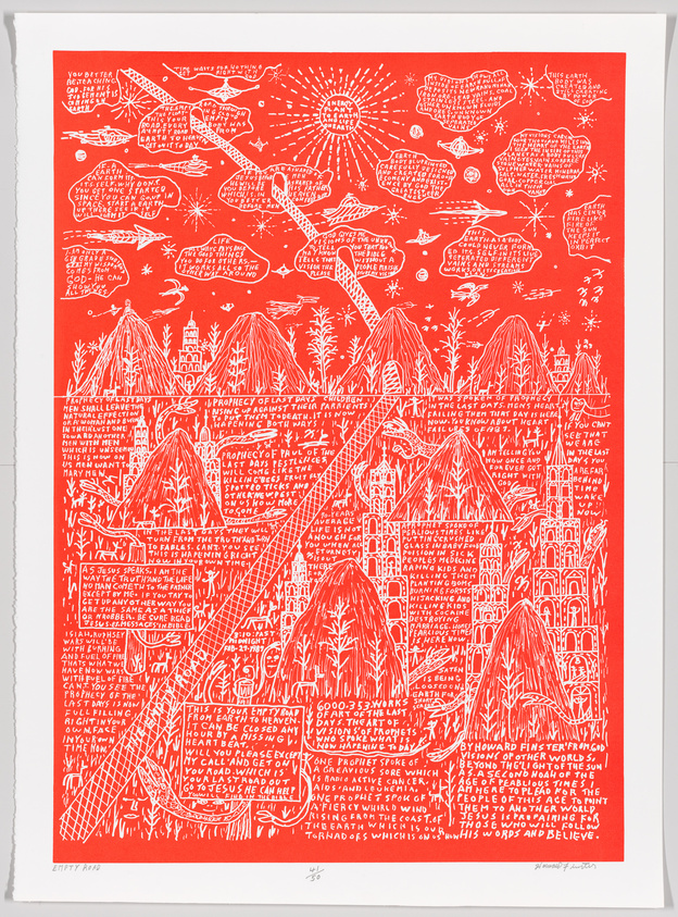 A detailed red and white print featuring an intricate array of images and text. The artwork is dominated by a red background with white line drawings and writings that include various shapes, buildings, natural elements like trees and mountains, and celestial objects such as stars and comets. Text bubbles with messages are interspersed throughout the composition, creating a tapestry of visual and written storytelling.