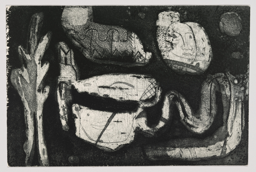 A black and white abstract print featuring a variety of shapes and textures that suggest a dreamlike landscape with face-like forms and organic elements. The composition is dominated by dark tones with contrasting white lines and marks creating a sense of depth and movement.