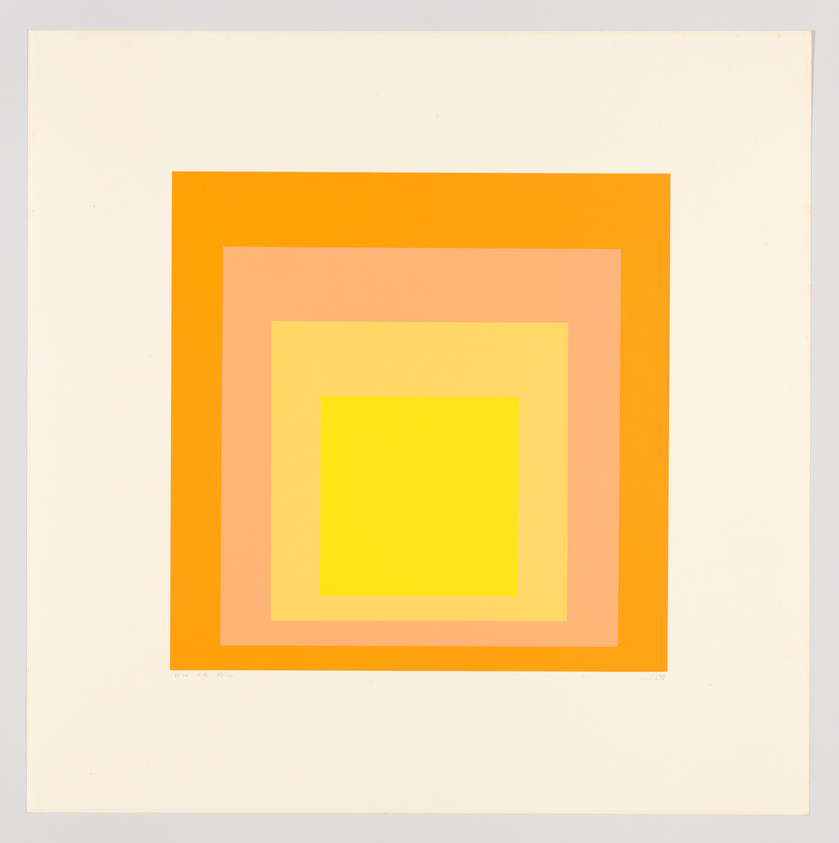 A minimalist artwork featuring a series of concentric squares with colors graduating from yellow at the center, to light orange, to a deeper orange, and finally to a reddish-orange on the outermost square, all on a white background.