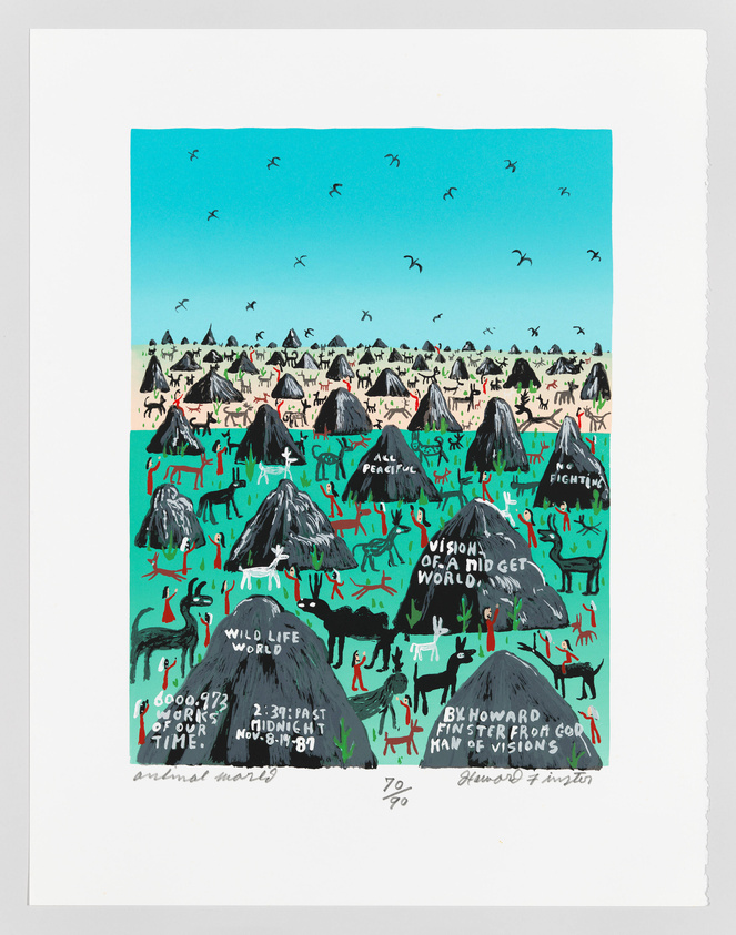 A colorful artwork featuring a stylized landscape with black mountains and a bright turquoise sky filled with birds. The foreground includes various animals and human figures, with text overlaying the image in different places, suggesting a narrative or message. The piece is numbered and signed by the artist at the bottom.