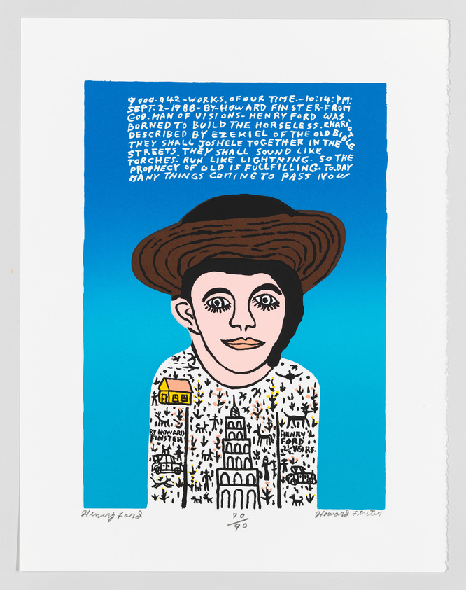 A colorful artwork featuring a stylized portrait of a person with large eyes and a brown hat against a blue background. The figure's shirt is adorned with intricate black and white drawings of buildings and people. Above the portrait, there is text in a handwritten style, and the bottom of the image includes the artist's signature and the year '90.