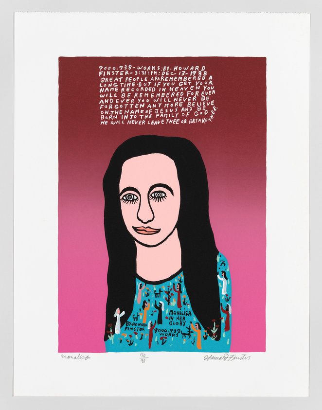 A colorful print depicting a stylized portrait of a woman with black hair and a blue dress adorned with small figures and text. The background is split between a pink and a maroon section, with text overlaying the maroon. The bottom of the print features handwritten text and numbers, including the word "monalisa," and is signed by Howard Finster.
