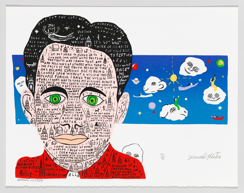A colorful print featuring a stylized portrait of a person with green eyes and text covering the face and body. The background is split into two sections: the left side shows a blue field with a moon, stars, and a comet, while the right side depicts a whimsical sky with clouds, sun, and various objects like a banana and a hot pepper. The text on the figure is dense and appears to be a stream of consciousness or poetic phrases. The artist's signature and edition number are visible at the bottom.