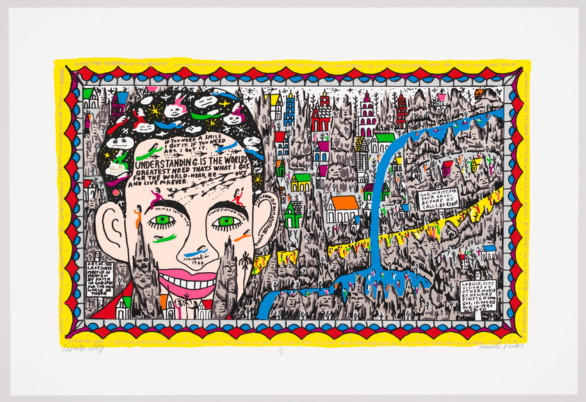 A colorful and intricate artwork featuring a large, stylized face in the center with green eyes and pink lips, surrounded by a dense, cityscape filled with buildings, people, and text. The face has planets and stars in the hair area with phrases like "If you need a smile, I got it. If you need understanding, that's what I'm here for." The border of the image is decorated with a pattern of diamonds and scallops in bright colors. Text at the bottom indicates the piece is by Howard Finster and dated August 15, 1988.