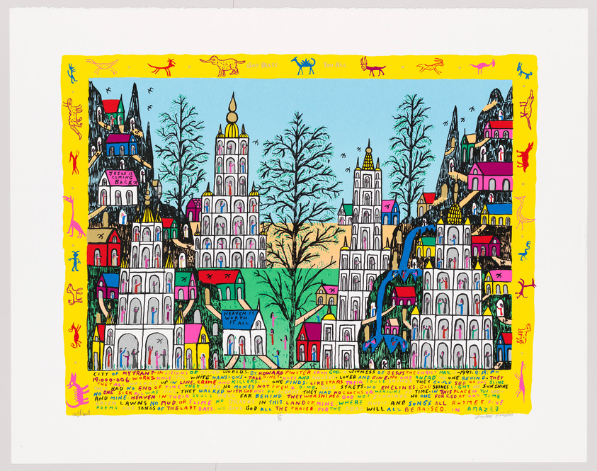 A vibrant and colorful artwork depicting a whimsical cityscape with numerous buildings in a variety of architectural styles, some resembling castles and cathedrals. The buildings are adorned with bright colors and patterns, and interspersed with trees. The border of the image features a yellow background with red, blue, and green animal-like figures and text. The bottom of the image contains a block of text in a handwritten font.