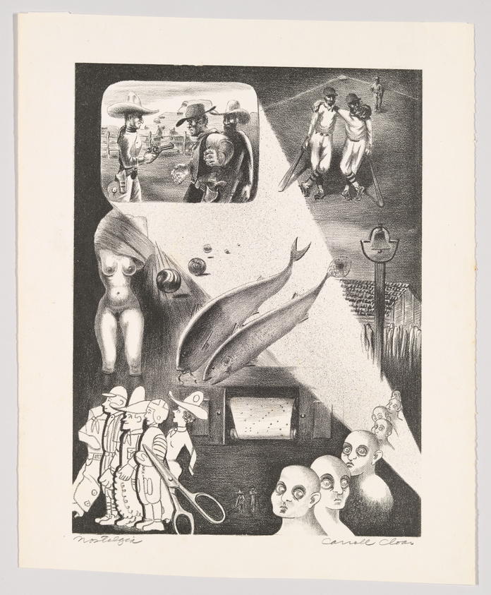Surreal collage with cowboys, dancers, a floating fish, a nude figure, and faces; signed by artists 'Nuzzo' and 'Corneille'.