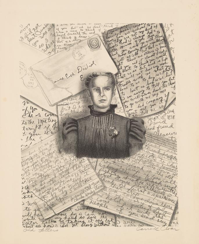 A vintage monochromatic illustration featuring a portrait of a woman with an intense gaze, superimposed over a background of handwritten letters and envelopes. The letters, filled with cursive script, are layered and scattered, creating a textured collage, with one envelope clearly addressed to "Miss Elsa David." The woman is dressed in a dark, high-collared garment adorned with a brooch, and her hair is styled in a manner typical of the late 19th or early 20th century.