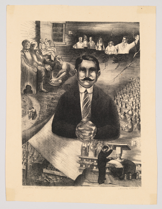 A detailed black and white lithograph featuring a central figure of a man with a mustache, wearing a suit and holding a transparent bulb. His head is superimposed with various scenes: to the left, people sitting outside a house; to the right, a courtroom scene; above, a man preaching to a crowd; and below, a classroom with a teacher and students. The artwork contains intricate details and multiple layers of imagery, suggesting a complex narrative or symbolism.