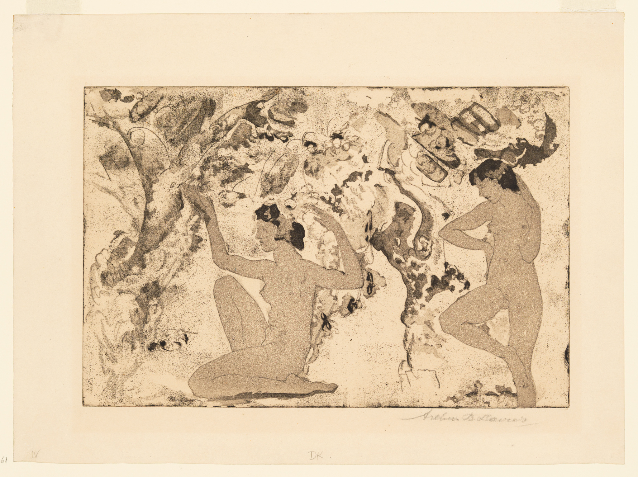 An etching depicting two nude figures, possibly female, in a dynamic pose with one knee on the ground and the other standing with one leg lifted, surrounded by abstract, swirling patterns and shapes. The artwork has a dreamlike, ethereal quality, with the figures appearing to emerge from or interact with the ambiguous forms around them. The print is signed in the bottom right corner.