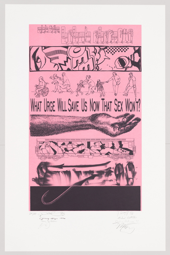 This image features a print with various graphic elements in pink and black. The top section has a row of abstract shapes resembling machinery. Below it, a comic-style depiction of a figure's eye and mouth is visible. In the middle, a line of people in different poses, including one in a wheelchair, stretches across, with the text "What Urge Will Save Us Now That Sex Won't?" written underneath. The lower section shows a wave-like pattern above a row of stylized fish and abstract shapes. At the bottom, there's a dark pink stripe with a hook-like line drawing. The print is numbered and signed by the artists at the bottom.