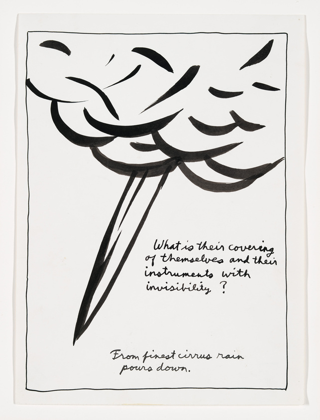 Hand-drawn clouds with rain and a poetic question about invisibility written below.
