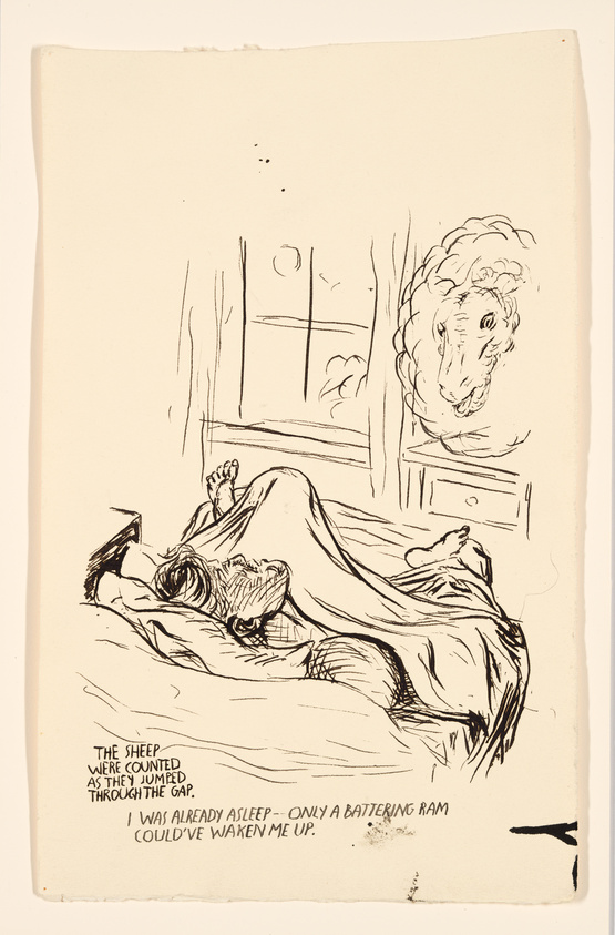 A humorous ink drawing depicting a person sleeping soundly in bed with a sheep leaping through the air towards a window in the background. The drawing includes a caption that reads, "The sheep were counted as they jumped through the gap. I was already asleep—only a battering ram could've waken me up." The style is loose and expressive, suggesting a lighthearted take on the concept of counting sheep to fall asleep.
