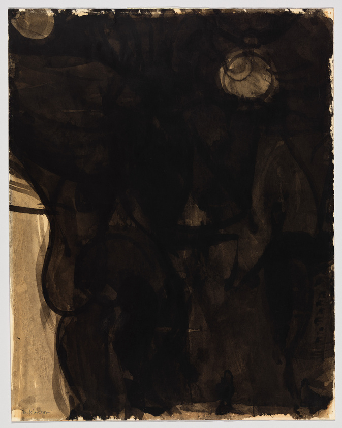 A dark, abstract painting with various shades of brown and black, featuring indistinct shapes and forms that give an impression of movement and depth. Two lighter circular forms are visible towards the top, resembling faint light sources or reflections. The artwork has a rough texture and an organic feel, with the artist's signature at the bottom left corner.