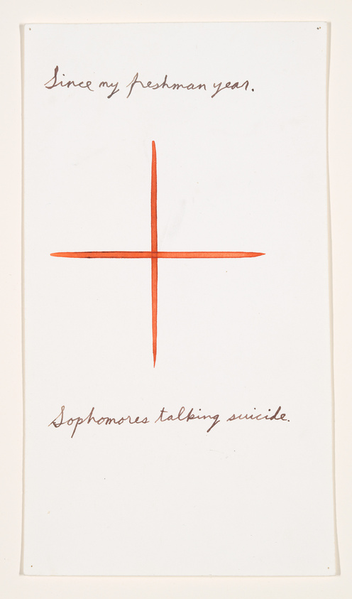 A handwritten note on a white background with a red plus sign in the center. The text above the plus sign reads "Since my freshman year." and the text below reads "Sophomores talking suicide." The handwriting appears to be in cursive with a brownish ink.